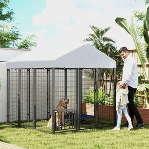 Recinto per Cani da Esterno 1,8m x 1,8m x 1,8m con Tetto Girevole e 4 Ciotole Regolabili a 4 Livelli, Materiale Resistente con Struttura a Rete - Product Image 2