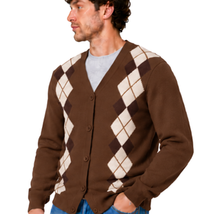 Cárdigan de punto para hombre, color marrón, con cuello en V, diseño de rombos, botones frontales, manga larga, estilo clásico, informal, tejido suave. - Product Image 1