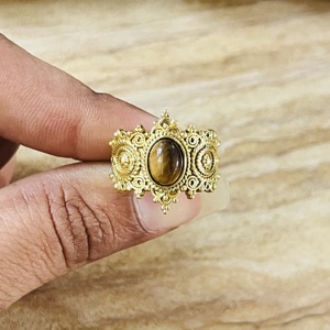 Antique Vintage Style Brass <b>Ring</b> Tiger Eye Chunky Gold Plated <b>Statement</b> <b>Ring</b> Tribal Ethnic Design Handmade Textured Wholesale - Product Image 2