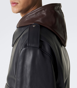 Blouson aviateur en cuir noir pour homme avec capuche, col rabattable, fermeture éclair, poches, vêtement d'automne, mode OEM - Product Image 3