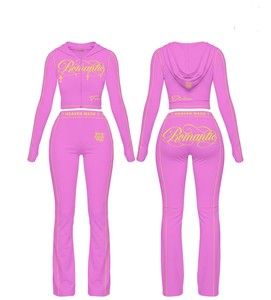 Fall Women Waffle Knit Tracksuit Custom Logo Contrast Piping <b>Cropped</b> <b>Zip</b> <b>up</b> Hoodie Flare Sweatpants Two Piece Streetwear Set - Product Image 1