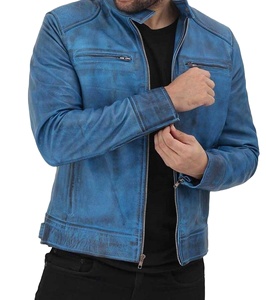 Veste en cuir bleu pour homme, cuir véritable, peau de vache, fabrication artisanale, style Cafe Racer, veste de motard, style ciré - Product Image 2
