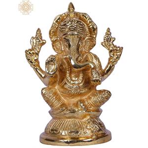 Exotic India Statue de Ganesha assis de 4 pouces, sculptée à la main, en laiton plaqué or, avec socle, produit haut de gamme, Inde - Product Image 1