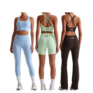 Ensemble de yoga personnalisé pour femmes : soutien-gorge de sport, leggings, pantalon évasé, dentelle unie, 4 pièces, vêtements de sport actifs, super doux, respirant, nylon/cachemire - Product Image 1