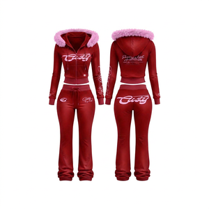 <b>Women's</b> <b>Purple</b> Hooded <b>Tracksuit</b> With Pink Fur Trim Crop Top And Sweatpants Sublimation Printed Letter Design Winter Wear - Product Image 2