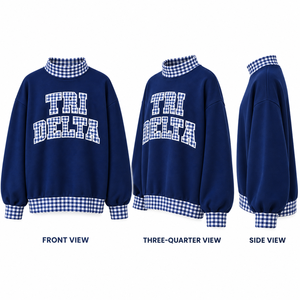 Sudadera Oversize Azul Marino Personalizada para Mujer con Cuello Alto, Apliques de Guingán y Bordado, Estilo Sorority, Venta al por Mayor, Marca Privada, OEM - Product Image 3