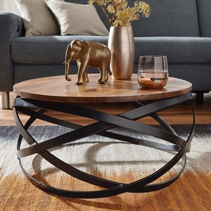 La mesa de centro circular de madera tiene un marco de metal resistente y una superficie de MDF con acabado que garantiza una excelente calidad. - Product Image 1