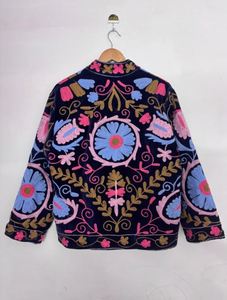 Pink Floral Embroidery Kimono <b>Cardigan</b> Long Sleeve Loose Fit Stand Collar Bohemian Style All Seasons Wear Elegant Beautiful - Product Image 3