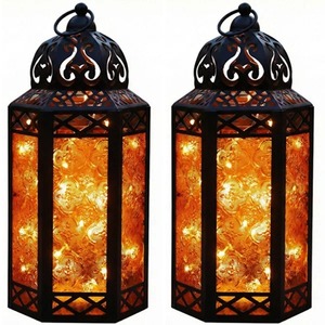 Moroccan Style Iron <b>Lantern</b> With Embossed Blue Glass Panels For Home Decoration - Product Image 2