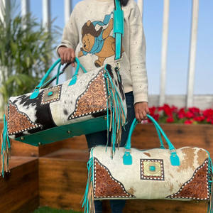 Bolsas de viaje grandes con flecos turquesa unisex occidental cuero de vaca Estilo Vintage hecho a mano real - Product Image 4
