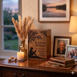Custom Wooden <b>Memorial</b> Urn Engraved Tree Design Natural Wood Finish 200 Cubic Inch Adult Commemoration <b>Keepsake</b> Box - Product Image 1