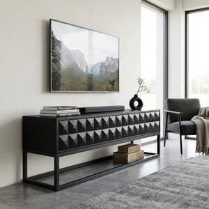 Dice Low TV Cabinet <b>Black</b> Modern Wooden Media <b>Console</b> Entertainment Center Geometric Diamond Pattern Carved Facade Metal Base - Product Image 4