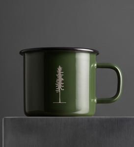 Forest Green Metal Camp Cup Custom Logo Printing Heavy Duty <b>Iron</b> Enamel Mug Featuring Minimalistic Evergreen Tree Artwork - Product Image 1