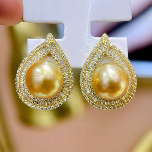 Boucles d'oreilles pendantes fines en argent pur S925 de luxe léger, 11-12 mm, rondes, avec perle d'or naturelle, design de boucle d'oreille, légère imperfection - Article cadeau - Product Image 3