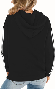 Sweat-shirt à capuche noir pour femme, couleur unie, manches longues, poche, tricoté, décontracté, hiver, doublure 100% coton - Product Image 3