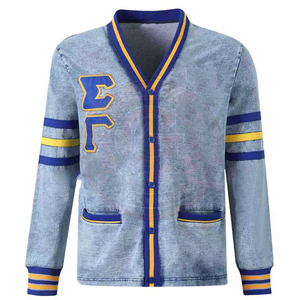 Sigma Gamma R Sorority Denim <b>Cardigan</b> V-Neck Style Women's 100% Cotton Breathable Winter Blue Yellow Embroidery SGR Greek Letter - Product Image 1