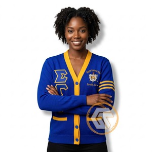 เสื้อกันหนาวคอวีแบบลำลองปักลาย Sigma Gamma Rho ด้วยผ้าขนสัตว์/อะคริลิก ปิดด้วยกระดุมหุ้มผ้า ป้องกันการยับ - Product Image 3