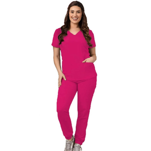 Best Selling <b>Women</b> V Neck Short Sleeve Knitted <b>Scrub</b> Set Pink Cotton Blend Hospital Uniform Pants Medical Workwear - Product Image 1