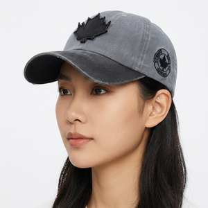 Adjustable Gray <b>Vintage</b> Sporty Baseball <b>Cap</b> with Black Maple Leaf Applique Front Panel Unisex Casual Denim 6-Panel Design - Product Image 6