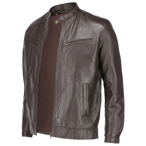 Men's Dark Brown Leather Moto Jacket Stand Collar Zipper Closure Slim Fit Autumn Wear - Product Image 5