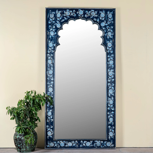 This lovely, <b>small</b> arched wall <b>mirror</b> features a delicate white-and-black floral bone inlay motif available at wholesale prices. - Product Image 5