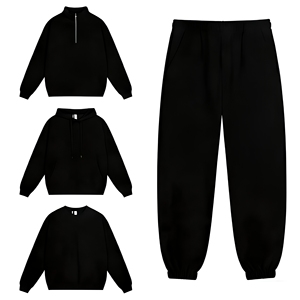 Conjunto de Sudadera Casual para Hombre, Color Negro Sólido, Sudadera con Cierre de Cremallera, Cuello Redondo, con Pantalones Deportivos - Product Image 1