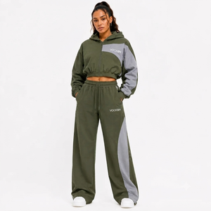 Vocksin <b>Women's</b> Olive Green Cropped Hooded Windbreaker Tracksuit Waterproof Zipper <b>Jacket</b> Fleece Lining Quick-Dry Wide Leg - Product Image 1