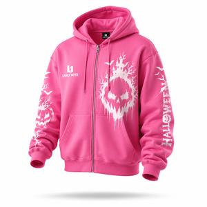 Custom Halloween Streetwear Full <b>Zip</b> Hoodie Heavyweight <b>Hooded</b> Jacket with Vintage Skull Ghost Pumpkin Graphic Design for Women - Product Image 2