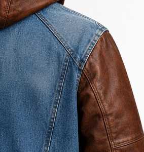 Chaqueta con Capucha de Mezclilla con Bloques de Color para Hombre, con Mangas de Cuero Marrón - Product Image 5