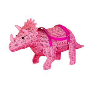 Pink Triceratops Shaped Rattan Storage Basket Animal Design Decorative Organizer <b>Wicker</b> <b>Bag</b> Plant Fiber Material Durable - Product Image 1