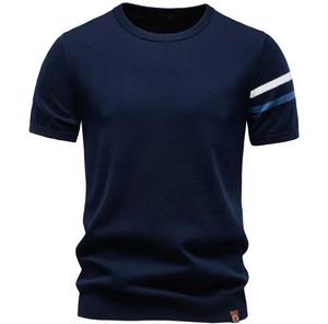 Camiseta Casual de Punto para Hombre, Cuello Redondo, Manga Corta, Color Azul, Corte Regular, Diseño con Ribete en Contraste - Product Image 1