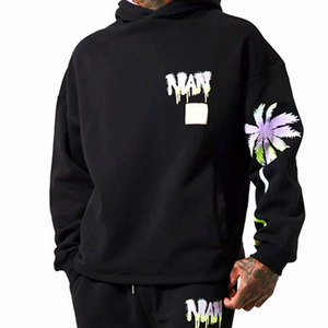 Survêtement noir à capuche pour homme avec imprimé palmier, coupe ample, en coton, style streetwear, sweat-shirt et pantalon décontractés - Product Image 3