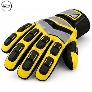 Gants de travail industriels professionnels jaunes et noirs à doigts entiers avec détails sur la paume, sangle de poignet réglable, haute visibilité - Product Image 3