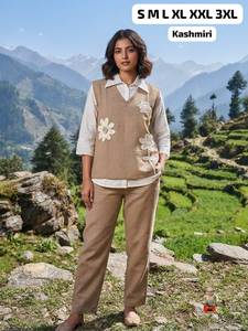 Conjunto coordinado de 3 piezas de algodón y yute premium para mujer con koti con patchwork floral y pantalones de pierna ancha |   Estilo Kashmirí - Product Image 3