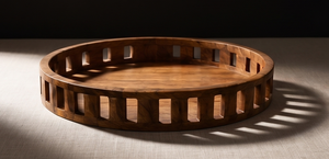 Plateau de service rond en bois de manguier finition naturelle, plateau décoratif en bois avec clôture murale à lattes ouvertes - Product Image 2