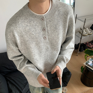 Cardigan en tricot gris pour homme, manches longues, fermeture boutonnée, laine épaisse et acrylique, couleur unie, vêtement décontracté d'automne - Product Image 3