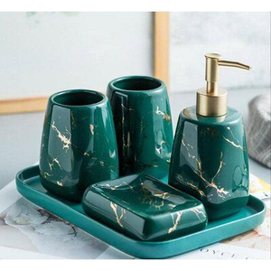 Ensemble de salle de bain de luxe en résine, six pièces : distributeur de savon rectangulaire, porte-brosse à dents, plateau de rangement, facile à nettoyer, décoration de comptoir - Product Image 2
