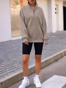 <b>Women</b> Oversized <b>Quarter</b> <b>Zip</b> Breathable Streetwear <b>Sweatshirt</b> Solid Color Drop Shoulder Long Sleeve Pullover Hoodie Pockets - Product Image 3