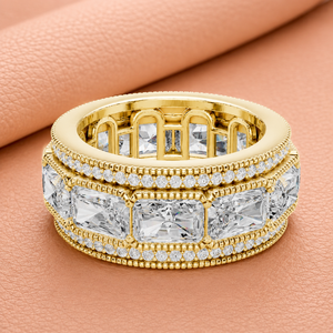 Anillo de Eternidad Imperial con Diamantes de Corte Radiante en Oro Sólido, Oro Rosa y Oro Blanco, Anillo de Boda Vintage con Milgrain - Product Image 1