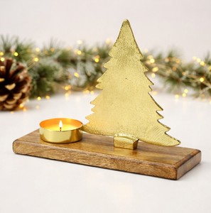 Wholesale Handcrafted Gold Aluminium Christmas Tree <b>Tea</b> Light Candle Holder With Rustic Mango Wood Base For Festive Home Decor - Product Image 6