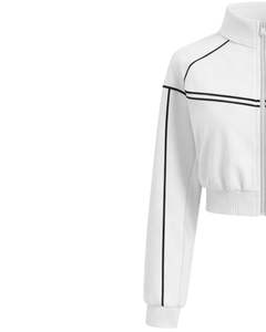 Chaqueta deportiva corta blanca para mujer con cremallera, para gimnasio y fitness, con ribetes negros en contraste, proveedor OEM. - Product Image 3