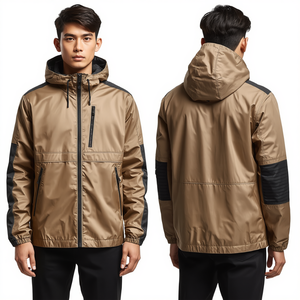Latest Design Men's Sand Beige Windbreaker Jacket Lightweight Hooded <b>Zip</b> Front Nylon Fashion Outerwear - Product Image 3