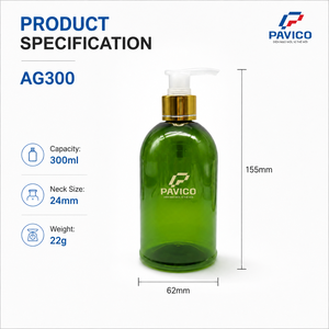 ขวดปั๊มทรงกลม 300 มล. สีเขียว 24 มม. สำหรับแชมพู ครีมอาบน้ำ โลชั่น บรรจุภัณฑ์เครื่องสำอาง ผู้ผลิตในเวียดนาม - Product Image 3