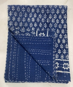 Silkgram Hand Block Printed Kantha <b>Quilt</b> Blue Cotton Traditional Indian Stitched Bedspread Folded Home Decor <b>Throw</b> Cover - Product Image 2
