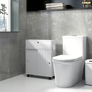 Mobiletto Sottile in Legno per Carta Igienica con 4 Ruote e Porta Scorrevole per Organizzazione Domestica - Product Image 6