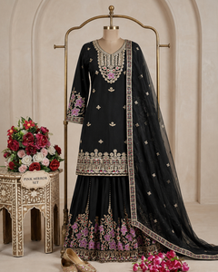 Ensemble de Soirée en Soie Chinon Luxueuse avec Broderies Ornées de Paillettes, Pantalon Palazzo Fluide et Dupatta Embellie (DD 1273) - Product Image 4