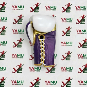 Guantes de Boxeo de Cuero Genuino de Alta Calidad en Oferta, Color Morado y Blanco con Cordones, para Entrenamiento y Combate - Product Image 3