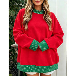 Women's Oversized Navy Blue Sweatshirt With Red Ghingham Collar Cuff And Hem Regular Sleeve Crew Neck Knitted Autumn Wear <b>Mock</b> - Product Image 3