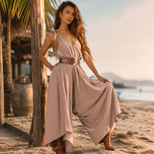Combinaison élégante sans manches pour femme, coupe large, col en V, ceinturée, style bohème, séchage rapide, idéale pour la plage et les vacances d'été - Product Image 3