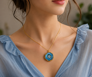 Handcrafted 18K Gold Plated Blue Solar Agate Link Chain Necklace with Bezel Setting for Wedding & Anniversary <b>Gift</b> - Product Image 1